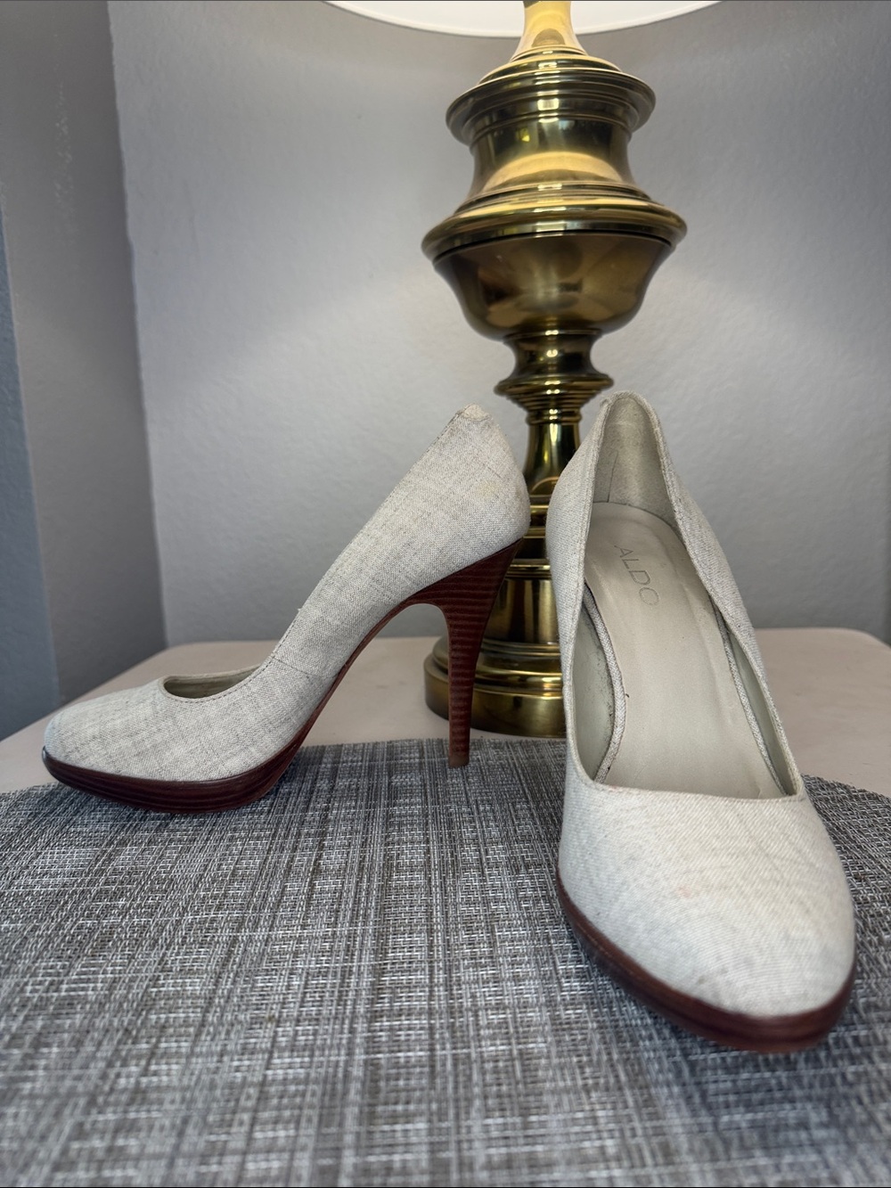 ALDO Cream Fabric High Heels with Brown Stacked Heel